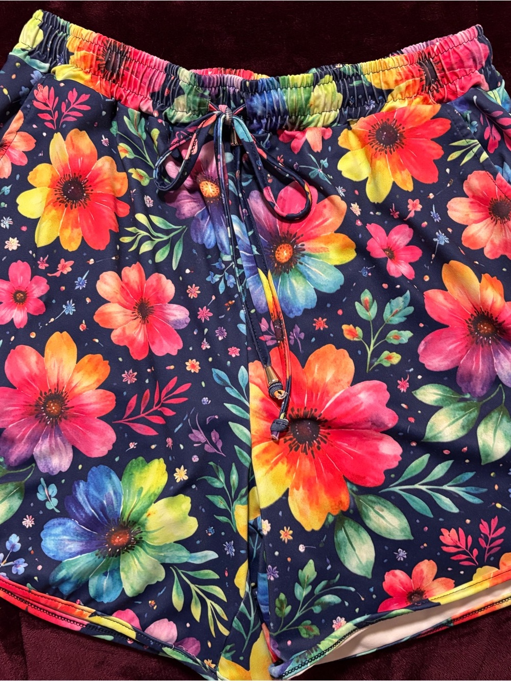 Women's Beautiful Floral Drawstring Shorts - Navy with Multicolor Flowers